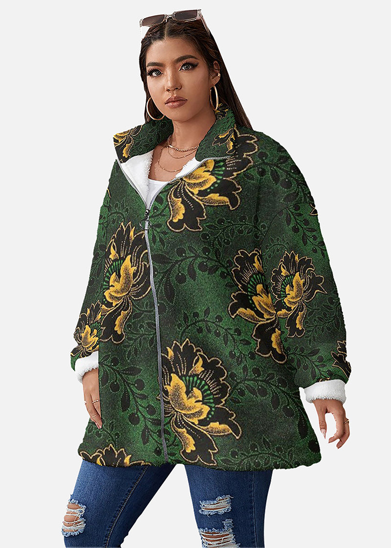 Rolinda African Print Borg Fleece Stand-up Collar Coat (Plus Size)