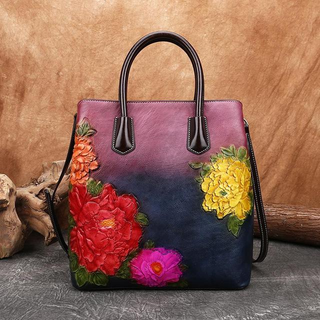 Bolu African Retro Flora Print Handmade Leather Handbag