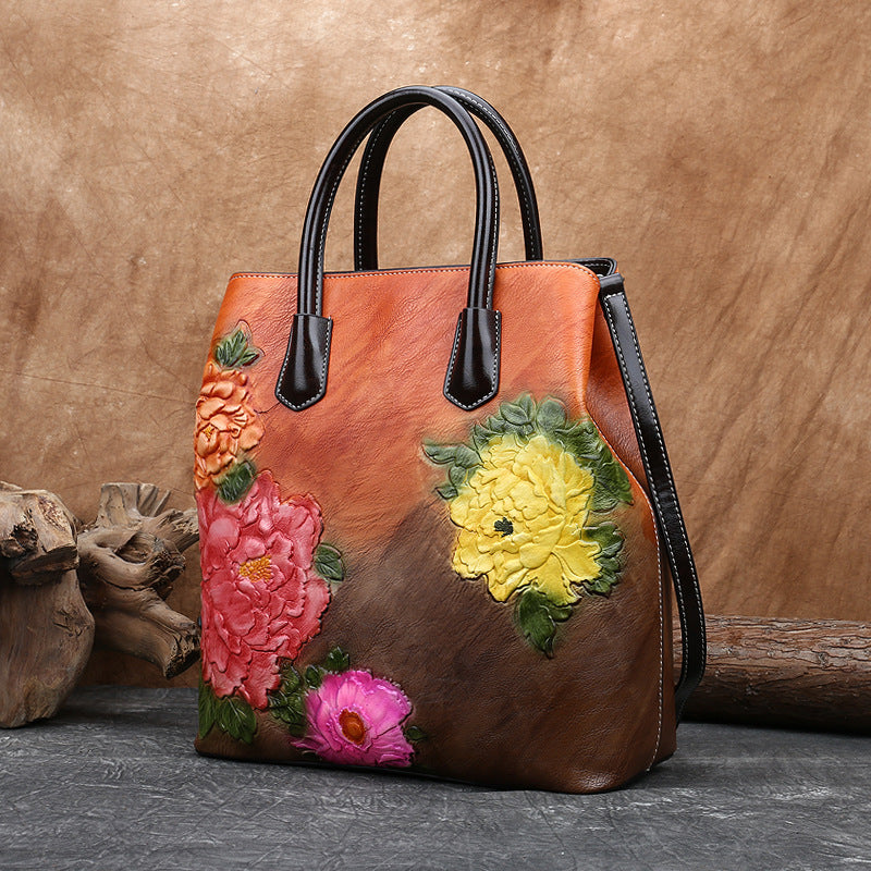 Tan Retro Flowers Embossed Cow Leather Handbags | Baginning
