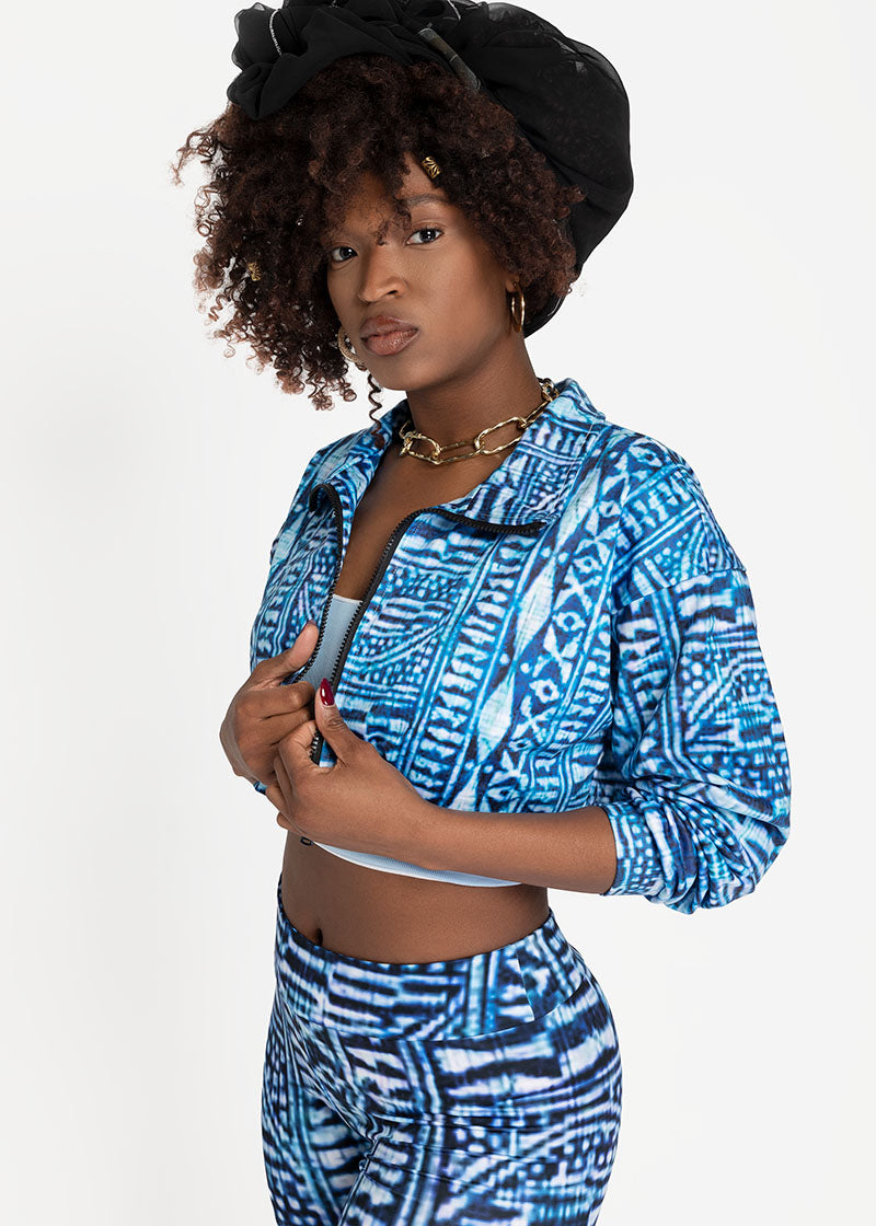 Nzinga African Print Adire Lapel Collar Cropped Sweatshirt