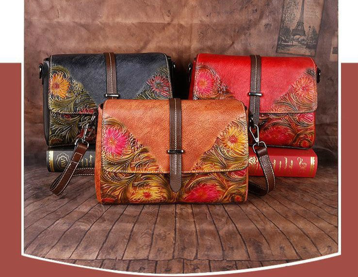 Kadeesha African Damask Embossed  Genuine Leather Handbag